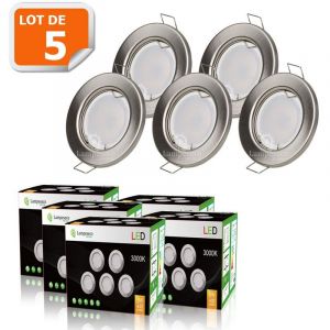 Lampesecoenergie LOT DE 5 SPOT LED ENCASTRABLE COMPLETE RONDE FIXE ALU BROSSE eq. 50W BLANC CHAUD