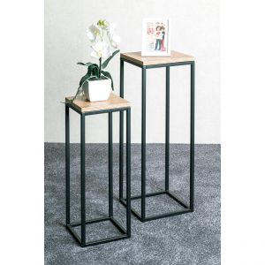 Porte plante en m&eacute;tal noir et plateau d&eacute;cor ch&ecirc;ne h54 cm