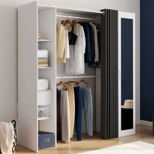 Idmarket Dressing extensible MERYL 145/170 x 50 x 180 cm blanc avec étagères + double penderie + miroir + rideau gris