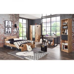 Pegane Ensemble chambre enfant/adolescent Imitation ch&ecirc;ne poutre rechampis graphite - 90 x 200 cm -