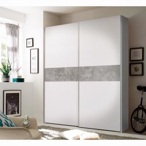 Emob Armoire Wouter avec 2 portes coulissantes en aggloméré blanc et une bande horizontale en décor béton.