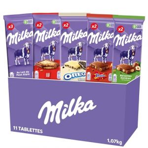 Milka Box Chocolat Cadeau - Assortiment de 11 Tablettes de Chocolat au Lait - 5 Saveurs : Lait du Pays Alpin, Biscuit Lu, Oreo Blanc, Daim, Noisettes Entières - Chocolats à Offrir - Lot de 1,07kg