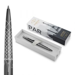 Parker Stylo bille Jotter | Édition spéciale | Gris Paris avec finition chrome | Pointe moyenne | Encre bleue | Coffret cadeau géométrique
