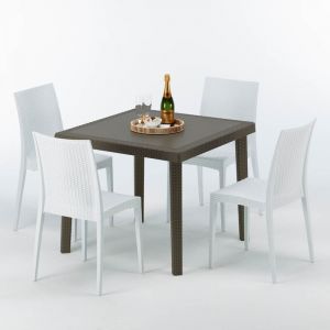 Grand Soleil Table carrée et 4 chaises colorées Poly rotin resine 90x90 marron | Bistrot Blanc