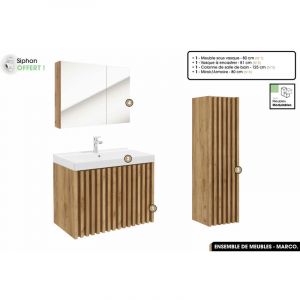 Ensemble complet de salle de bain - Meuble - Colonne - Miroir - Vasque &agrave; encastrer avec Siphon OFFERT MARCO Oak 80 x 56 x 45 cm