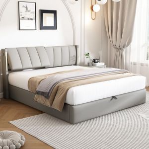 Lit coffre rembourré en similicuir 180 x 200 cm - avec port de chargement USB et éclairage LED - tête de lit à angle réglable - Gris