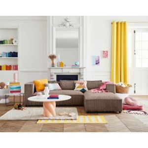 Canapé d'angle droit 4 places en velours grosses côtes taupe