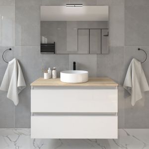 Meuble de salle de bain 2 tiroirs avec vasque à poser ronde - blanc - BALEA - 100cm