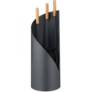 Relaxdays Serviteur de cheminée 4 pièces avec Support, tisonnier, Pelle à Cendres et balais, Manche en Bois, Accessoires de cheminée Gris/Naturel