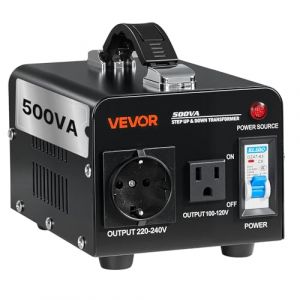 VEVOR Transformateur 220 V &agrave; 110 V et 110 V &agrave; 220 V, Transformateur de Tension &Eacute;l&eacute;vateur Abaisseur, 500 VA, avec Prise Am&eacute;ricaine, Prise Europ&eacute;enne, Cordon d'Alimentation, Protection par Disjoncteur