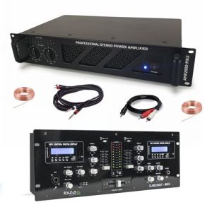 Ibiza Sound Pack Sono DJ Ampli AMP2000-MKII 3000W - Table Mixage Bluetooth DJM250BT-MKII RCA XLR - Câbles RCA Jack enceintes inclus