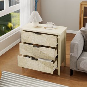 Commode 80&times;40&times;80,4 cm, poign&eacute;e noire, 3 tiroirs, meuble de rangement de salon, MDF, couleur naturelle - motif en relief