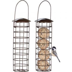 Relaxdays Support à boules de graisse pour oiseaux sauvages, lot de 2, suspendre, avec toit, h x d : 31 x 8,5 cm, marron
