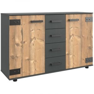 Pegane Commode meuble de rangement coloris imitation ch&ecirc;ne/gris fonc&eacute; - Longueur 130 x Hauteur 83 x Profondeur 41 cm