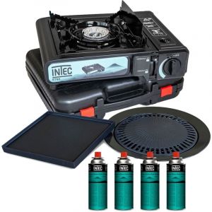 Intec Réchaud gaz portable 2200W Allumage Piezo Plaque plancha + grill 4 cartouches gaz Mallette