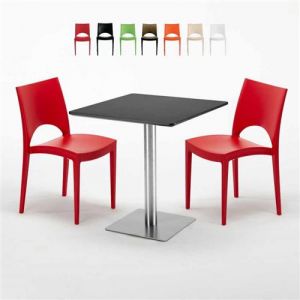 Grand Soleil Table carr&eacute;e noire 70x70 avec 2 chaises color&eacute;es Paris Rum Raisin, Couleur: Rouge