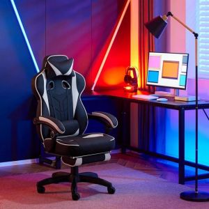Woltu - Chaise Gaming en Tissu Respirant. Fauteuil Gamer Ergonomique. avec Coussin Lombaire. Appui-Tête et Repose-Pieds. Tissu Leathaire. Gris