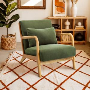Sicaan - Fauteuil scandinave vintage marie velours côtelé kaki et bois