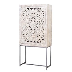 Décoration d'Autrefois Vitrine en manguier pieds métal blanc et gris vieilli