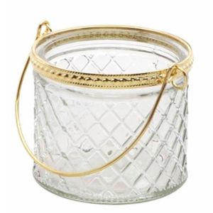 Ruedelafete Photophore en verre cisel&eacute; avec anse m&eacute;tal dor&eacute; 8,5cm