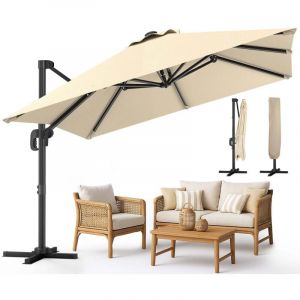 Parasol déporté carré 3x3M Roma beige avec housse - 8 baleines - inclinable 6 positions - rotatif 360° - imperméable - Vounot