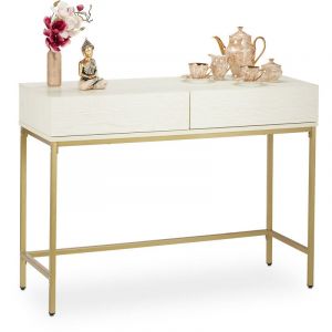 Image de Relaxdays Table de console, 2 tiroirs, meuble d'appoint aspect bois, salon, couloir, HLP 80x110x40 cm, blanc/doré