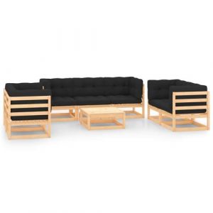 VidaXL Salon de jardin huit pièces en bois noir et pin avec coussins Vida XL