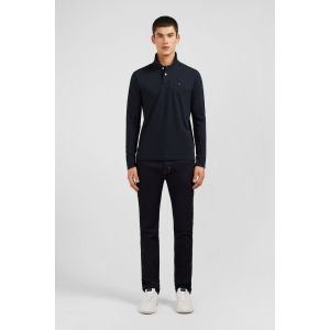 Eden Park Polo manches longues noir uni en piqué de coton stretch - Taille S