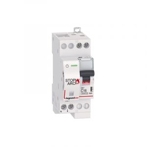 Image de Legrand Disjoncteur DX STOP ARC 4500 6kA arrivée haute et sortie basse borne à vis 1P+N 230V~ 16A courbe C 2 modules (415907)