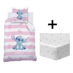 Parure de lit enfant avec drap housse 100% Coton - DISNEY STITCH STRIPE - Blanc/rose - 140x200+63x63cm + 90x190cm
