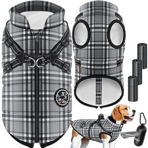 Lovpet Manteau pour Chien avec Harnais, 45 Sacs à déjections Canines + Distributeur, Gilet d'hiver doublé imperméable, Gilet rembourré avec Sangle de Poitrine, réflecteurs, Anneau en D, Taille 4XL,
