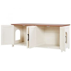 Meuble Bac &Agrave; Liti&egrave;re Pour Chat-Duoku-Avec Armoire Int&eacute;gr&eacute;e-Con&ccedil;u Pour Dissimuler Les Bacs &Agrave; Liti&egrave;re-Finition Marron Et Blanche