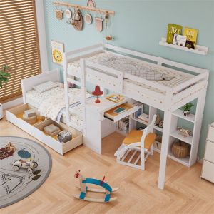 Lit superposé 90x200cm - lit enfant avec échelle, sommiers à lattes, étagère et 2 tiroirs - cadre en pin + mdf - blanc