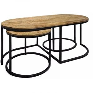 Meubletmoi - Set 3 tables basses gigognes en bois de manguier et pieds m&eacute;tal noir - manho