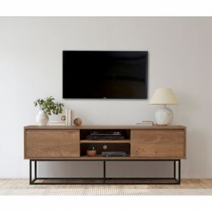 Cotecosy Meuble TV 2 tiroirs et 2 &eacute;tag&egrave;res Lodi 140cm M&eacute;tal Noir et Bois Naturel - Bois / Noir