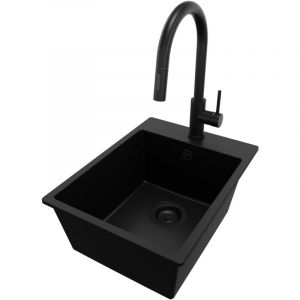 Evier Cuisine en Granit Tout Noir 38x50cm, 1 bac + Kit de Vidage + Robinet, Évier au meuble 40cm - Riga de Primagran