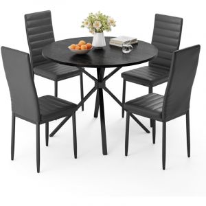 Ensemble Table et 4 Chaises de Salle &agrave; Manger Bealife con 1 Table Ronde Pliante de 100 x 76 cm Noir et 4 Chaises en Cuir &agrave; Structure M&eacute;tallique
