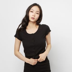 Urban classics Ladies Cropped Button Up Rib Tee black - Couleur Noir - Taille M
