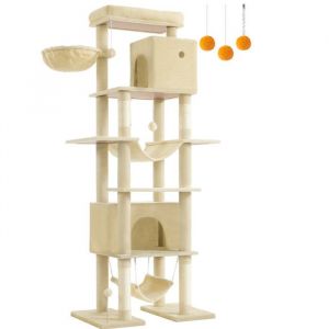 Arbre à chat 201 cm forme de tour taille XXL multi-niveaux 1 plateforme 1 panier 2 niches 2 hamacs dispositif anti-basculement beige