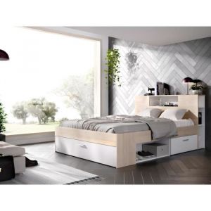 Lit avec tête de lit rangements et tiroirs - 160 x 200 cm - Coloris : Naturel et blanc + Sommier - LEANDRE
