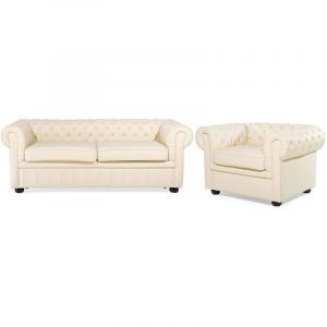 Beliani Ensemble canapé et fauteuil en cuir crème CHESTERFIELD