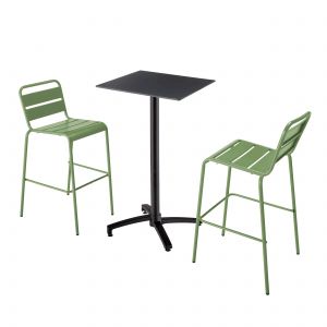 Image de Oviala Ensemble table haute stratifié noir et 2 chaises hautes vert cactus