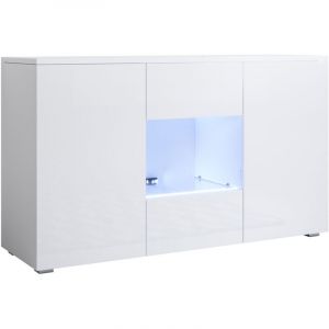 Buffet de salon bas 3 portes 2 étagères vitrine avec led 120x72x40cm Meuble avec pieds 2cm Modèle Luke A2 Couleur Blanc Finition Brillante - Blanc