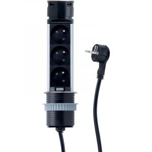 Cuisissimo - Prise plan de travail sky - Bloc 3 prises + 2 usb-a rétractable inox et noir
