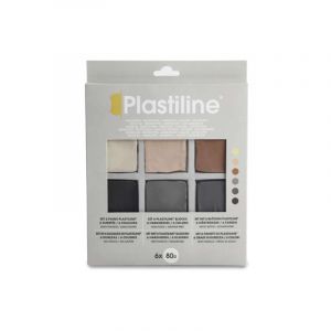 Plastiline 8000T - Coffret échantillons 6 pains de Plastiline de 80g chacun - Ivoire, gris clair, gris foncé, rose de naples, ocre rouge, noir, fabriqué en France