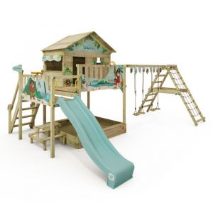 Wickey Tour de jeux Disney Saga avec balançoire et toboggan, maisonnette sur pilotis avec bac à sable, échelle de corde et accessoires de jeu –