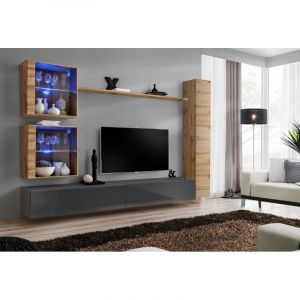 Meuble TV Mural Design " XVIII" 280cm Gris & Naturel