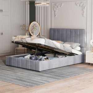 Lit coffre capitonn&eacute; 140x200cm - lit double avec t&ecirc;te de lit r&eacute;glable + sommier &agrave; lattes + tissu velours - Gris