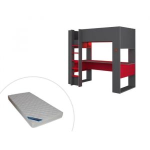 Lit mezzanine gamer NOAH avec bureau et rangements intégrés - 90 x 200 cm - Avec LEDs - Anthracite et rouge + matelas