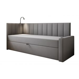 Image de Lit Boxspring 80x200 cm tokio en tissu velours gris avec coffre et &eacute;clairage led - droit